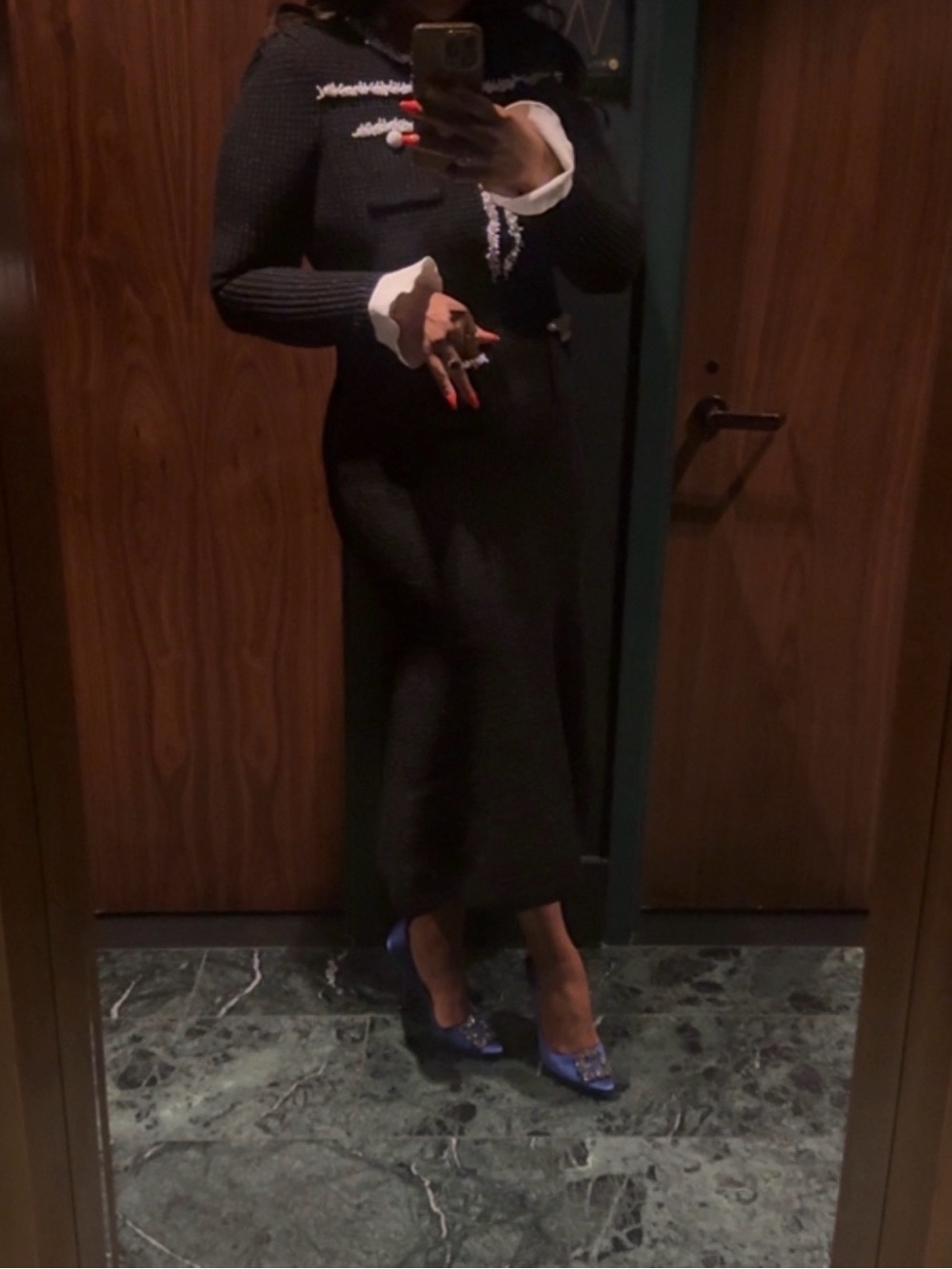 Self-Portrait Black Knit Long-Sleeve Midi Dress with Cream Trim - Picture 5 of 8